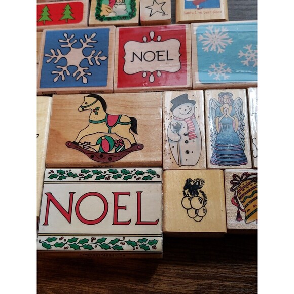 Wood Mounted Rubber Stamp Lot Christmas Card Making Paper Craft 21 Assorted - Picture 5 of 12